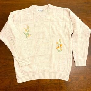 Coastal grandma vintage cream sweater with floral embroidery